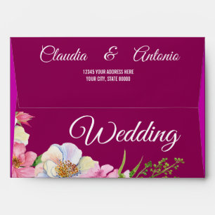 Blue Pink Watercolor Flowers Wedding  Envelope