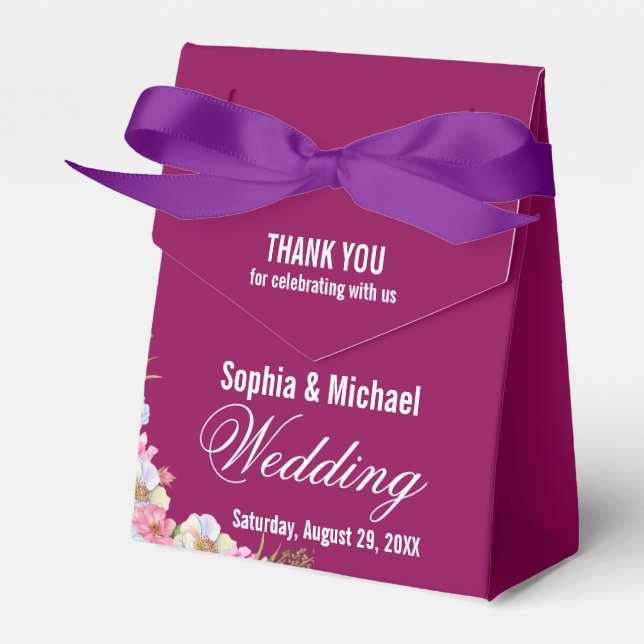 Blue Pink Watercolor Flowers Wedding  Favor Box (Front Side)