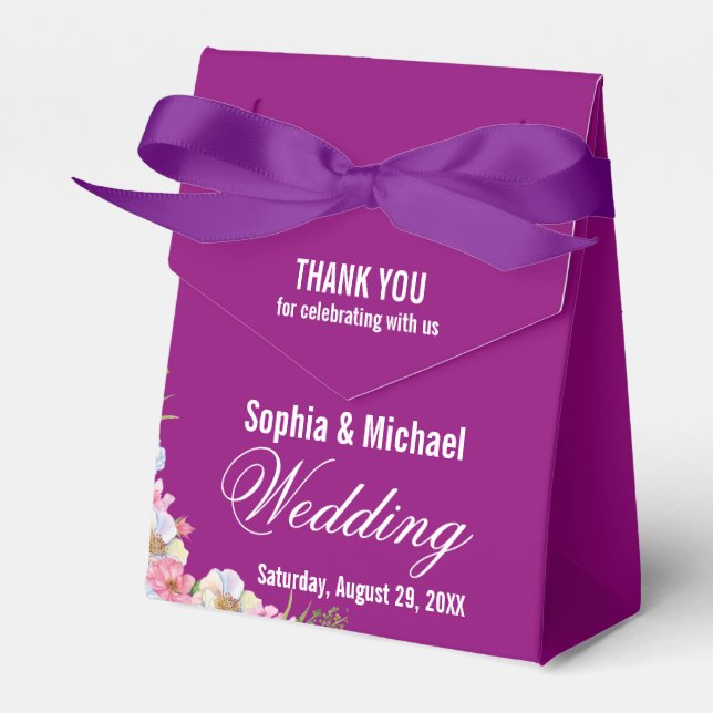 Blue Pink Watercolor Flowers Wedding  Favor Box (Front Side)