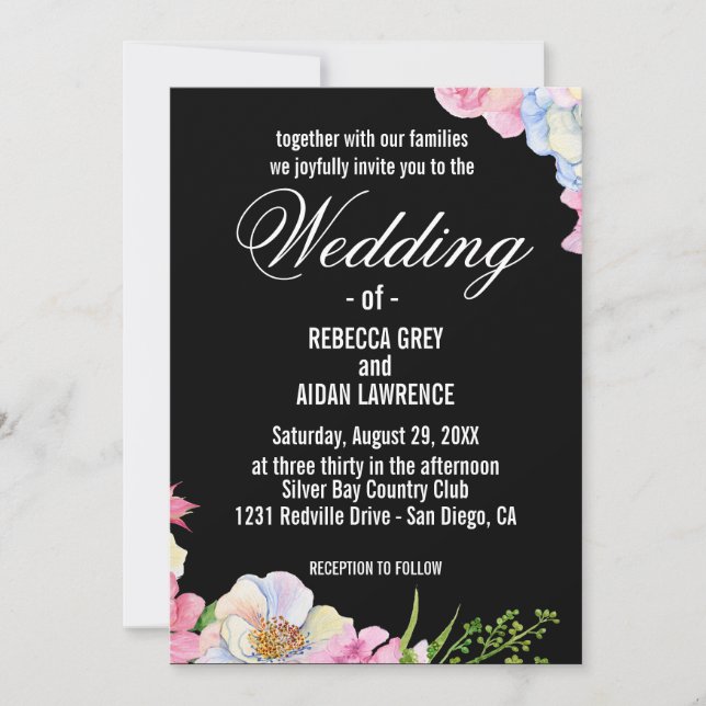 Blue Pink Watercolor Flowers Wedding  Invitation (Front)