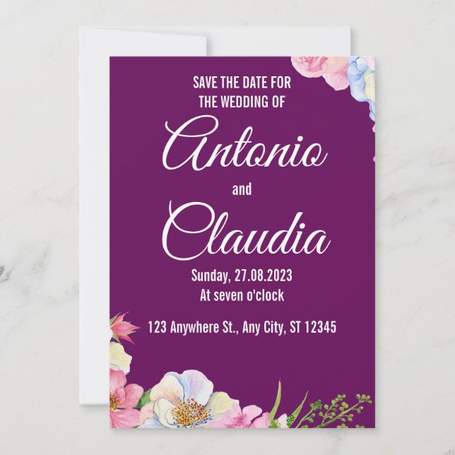Blue Pink Watercolor Flowers Wedding Save The Date Invitation (Front)