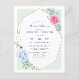 Blue & Pink Watercolor Roses Floral Bridal Shower Invitation Postcard