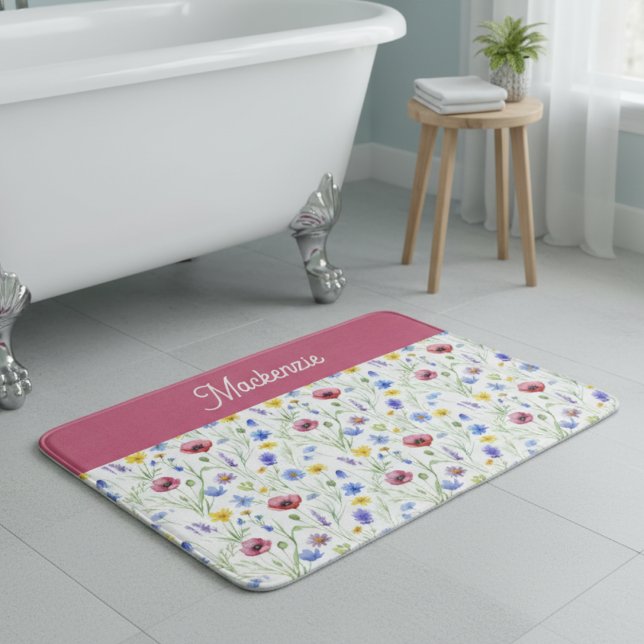 Blue Pink Watercolor Wildflower Monogram Bath Mat (Creator Uploaded)