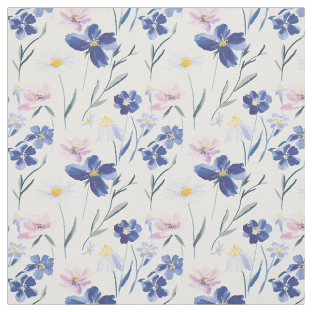 Blue & Pink Watercolor Wildflower Seamless Pattern Fabric (Swatch)