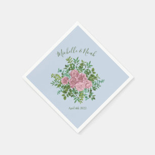 Blue Pink Wedding Floral Roses Napkin