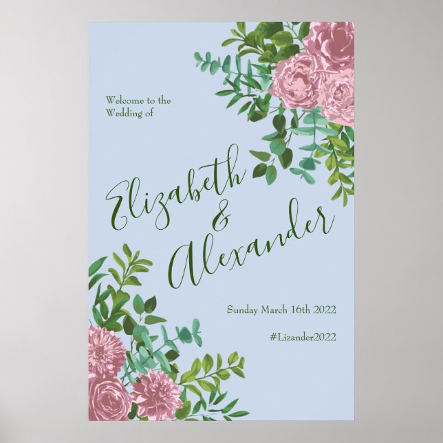Blue Pink Wedding Floral Roses Poster (Front)