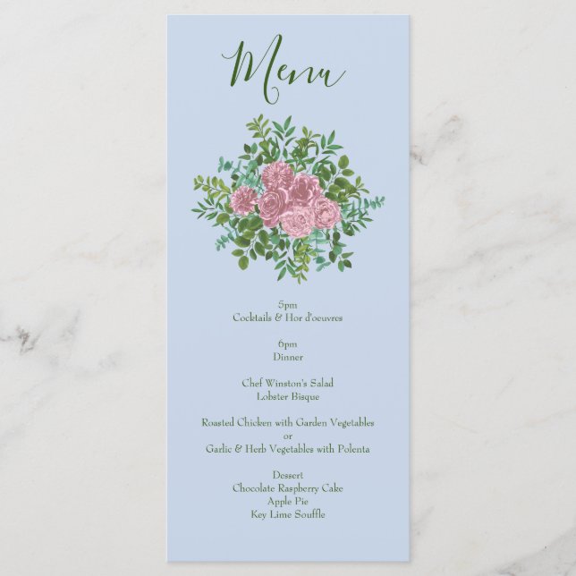 Blue & Pink Wedding Pastel Floral Spring Menu (Front)