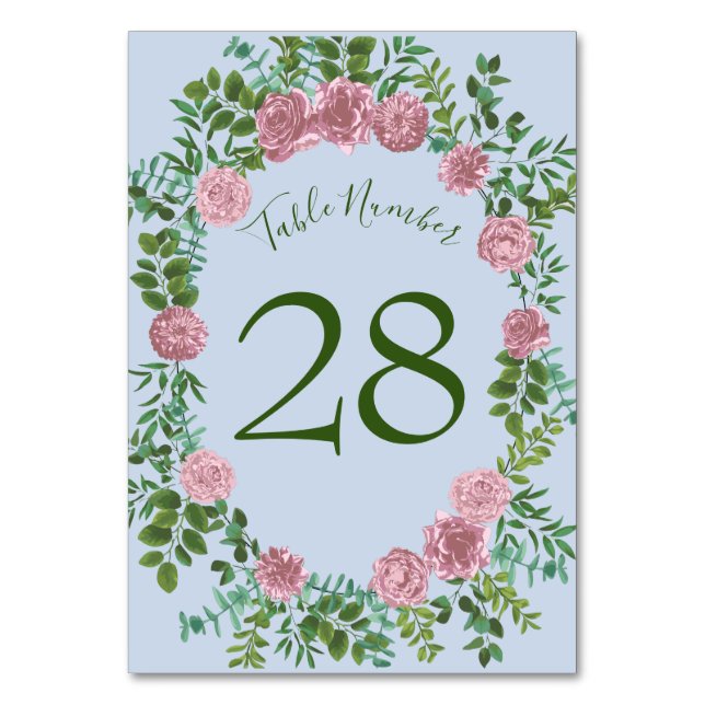 Blue & Pink Wedding Pastel Floral Spring Table Number (Back)
