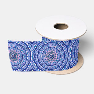 Blue Pink White Agate Boho Mandala Pattern Satin Ribbon