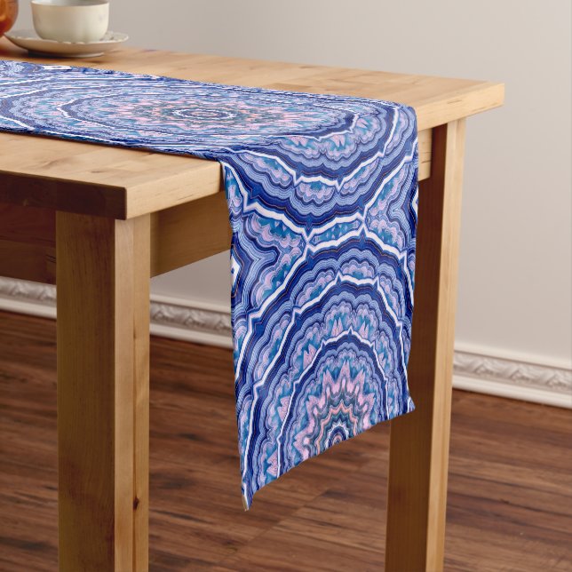 Blue Pink White Agate Boho Mandala Pattern  Short Table Runner (In Situ)