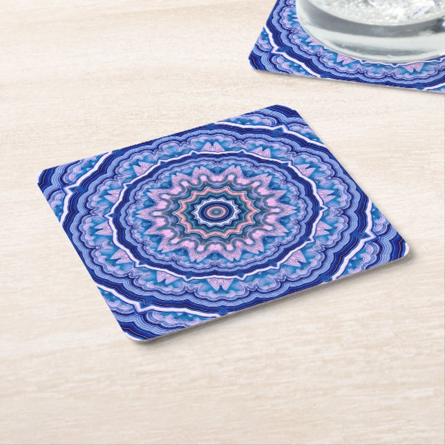 Blue Pink White Agate Boho Mandala  Square Paper Coaster (Angled)