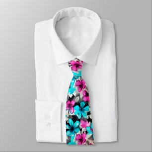 Blue Pink White Black Watercolor Flowers  Tie