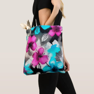 Blue Pink White Black Watercolor Flowers Tote Bag