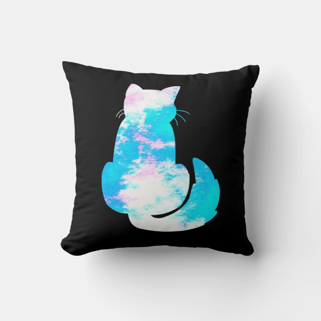 Blue Pink White Cat Back Turned Abstract Throw Pillow (Front)
