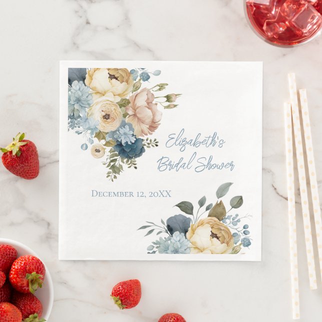 Blue Pink White Floral Watercolor Bridal Shower   Napkin (Insitu)