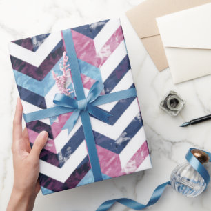 Blue Pink White Marble Chevron Wrapping Paper