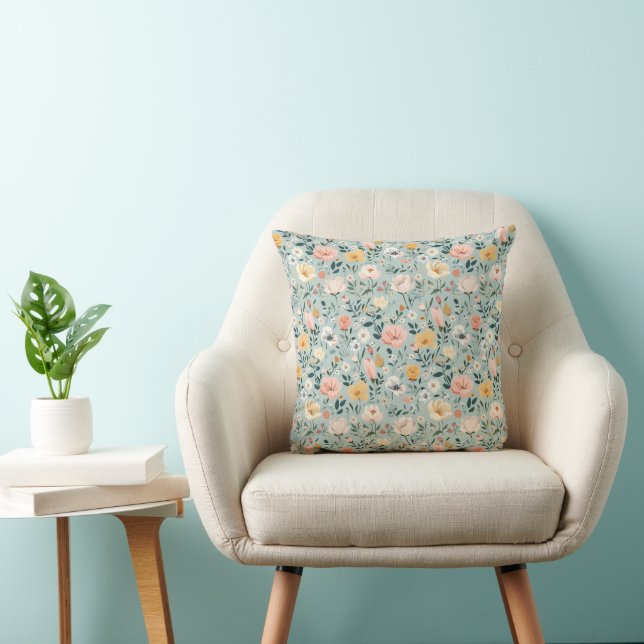 Blue Pink White Peach Floral Flowers Throw Pillow (Chair)