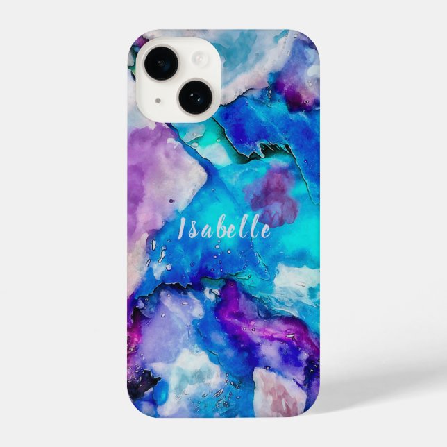 Blue Pink White Watercolor Abstraction Monogram iPhone Case (Back)