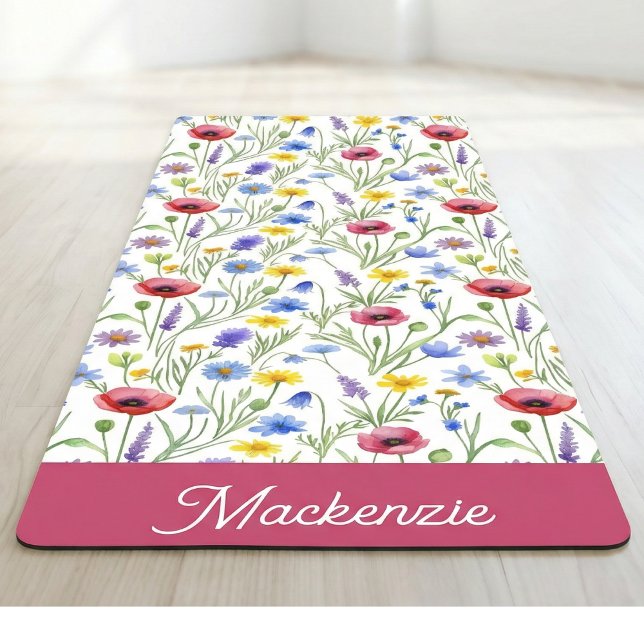 Blue Pink Wildflower Botanical Custom Name  Yoga Mat (Creator Uploaded)