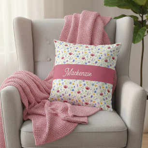 Blue Pink Wildflower Botanical Monogram Name Throw Pillow
