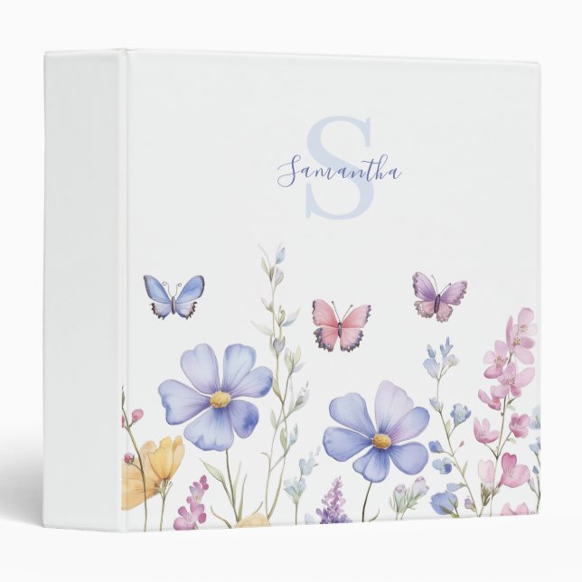 Blue Pink Wildflower Butterfly Monogram Name  Binder (Front/Spine)