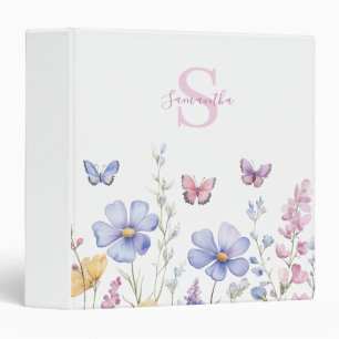Blue Pink Wildflower Butterfly Monogram Name Binder