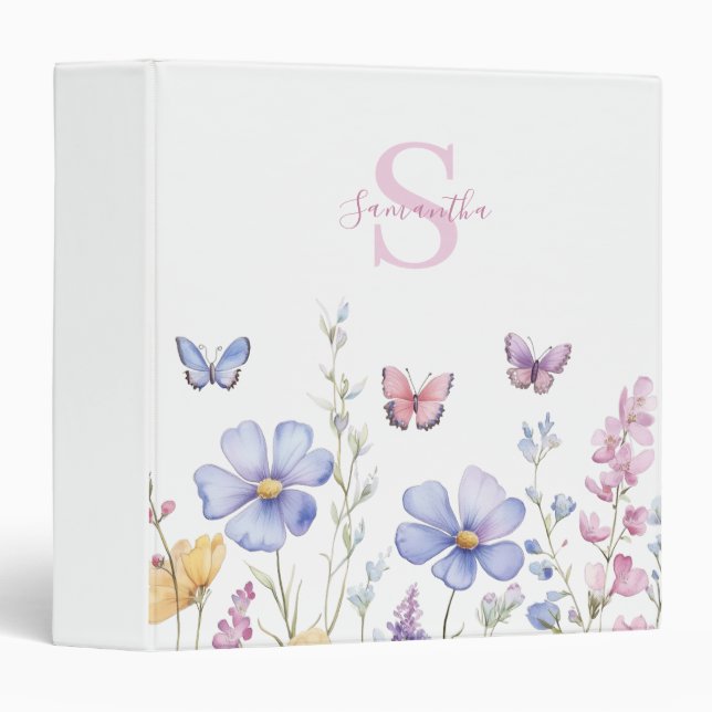 Blue Pink Wildflower Butterfly Monogram Name  Binder (Front/Spine)