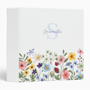 Blue Pink Wildflower Watercolor Monogram Name Binder