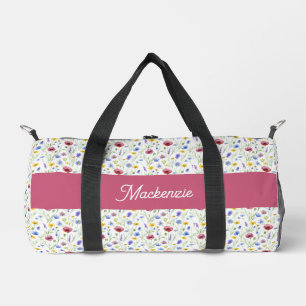 Blue Pink Wildflower Watercolor Monogram Name Duffle Bag