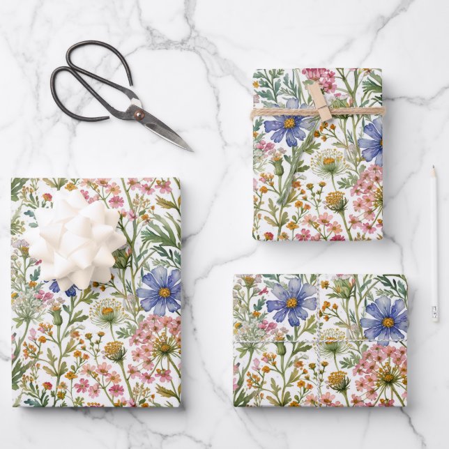 Blue Pink Wildflowers Birthday Bridal Baby Shower Wrapping Paper Sheet (Front)