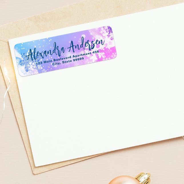 Blue Pink Winter Snowflakes Modern Script Label (Creator Uploaded)