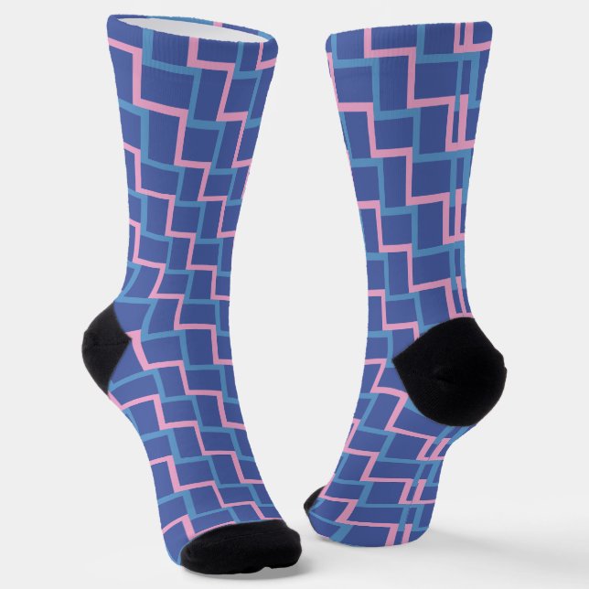 Blue Pink Woven Blocks Pattern Socks (Angled)