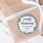 Blue & Pink Wreath Merry Christmas Classic Round Sticker<br><div class="desc">Round Christmas sticker with "merry christmas" written in a dark blue calligraphy script along with your name and the year inside a hand-drawn wreath of leaves in blue and green with lots of small dark pink berries.</div>
