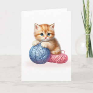 Blue & Pink Yarn Bright-Eyed Kitten Blank Greeting Card