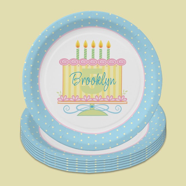 Blue Pink Yellow 5th Birthday Name Cake Paper Plate (Creator Uploaded)