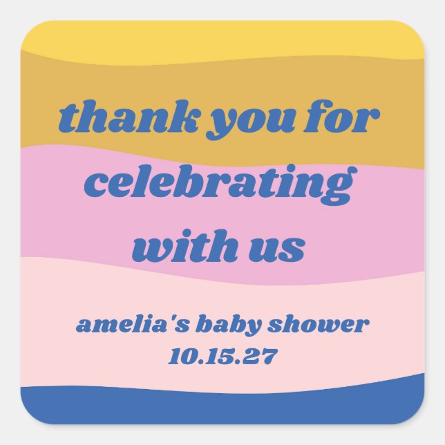 Blue Pink Yellow Custom Cute Baby Shower Thank You Square Sticker (Front)