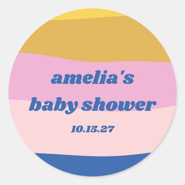 Blue Pink Yellow Cute Playful Custom Baby Shower Classic Round Sticker (Front)