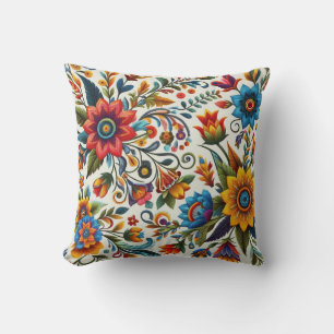 Blue Pink Yellow Embroidery Style Flowers Floral Throw Pillow