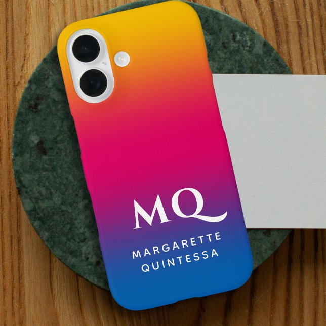 Blue Pink Yellow Gradient White Monogram Initials Case-Mate iPhone Case (Creator Uploaded)