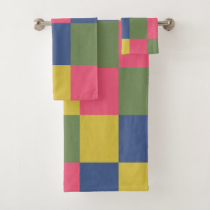 Blue Pink Yellow Green Chequerboard Bath Towel Set
