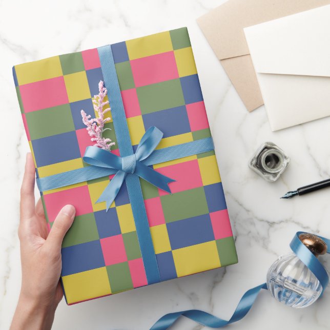 Blue Pink Yellow Green Chequerboard Wrapping Paper (Gifting)