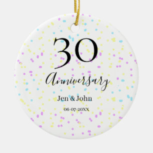 Blue pink yellow polka dots 30th anniversary name ceramic ornament