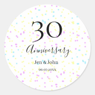 Blue pink yellow polka dots 30th anniversary name  classic round sticker