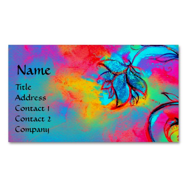 BLUE PINK YELLOW WHIMSICAL FLOWERS 	Magnetic BUSINESS CARD (Front)
