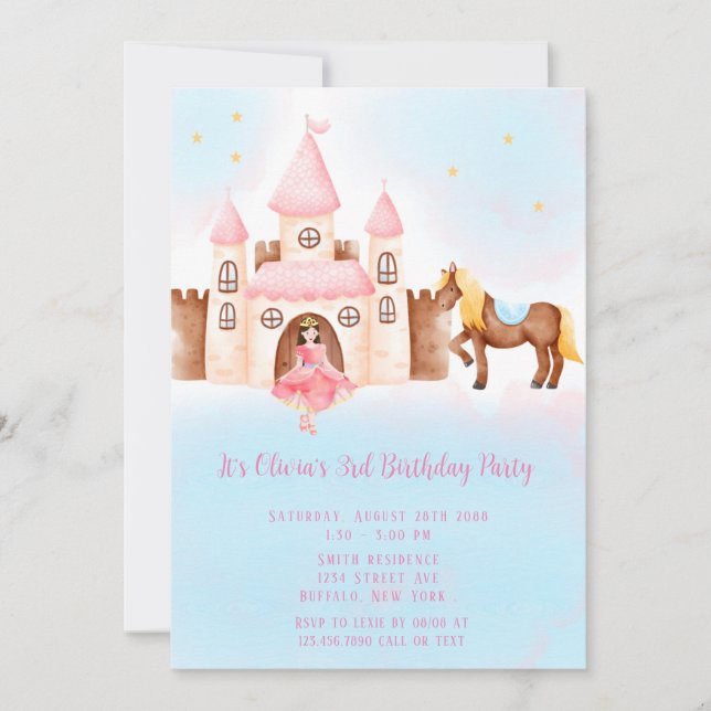 Blue PinkPrincess Castle Horse Birthday Party Invitation (Front)