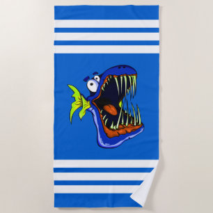 Blue Piranha Fish on Blue and White Striped Beach Towel