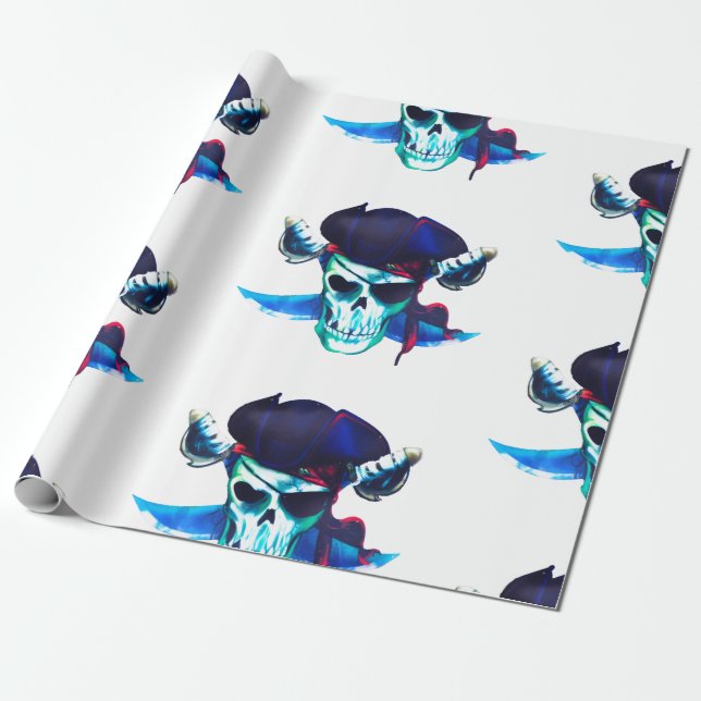 Blue Pirate Skull Wrapping Paper (Unrolled)