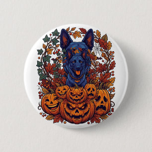 Blue Pitbull Halloween Pumpkins Autumn Leaves Bats 2 Inch Round Button