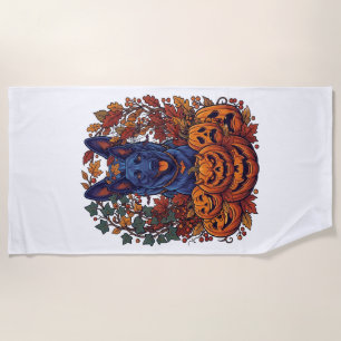 Blue Pitbull Halloween Pumpkins Autumn Leaves Bats Beach Towel