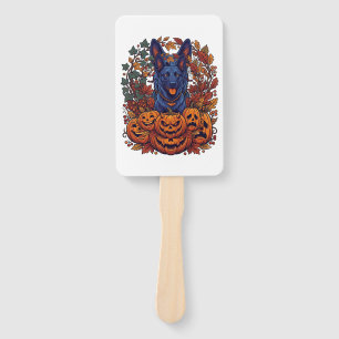 Blue Pitbull Halloween Pumpkins Autumn Leaves Bats Hand Fan